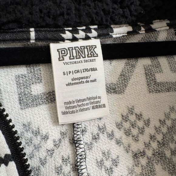 PINK Victorias Secret Black White Winter Sherpa Hood Zip Romper Small - Picture 3 of 11